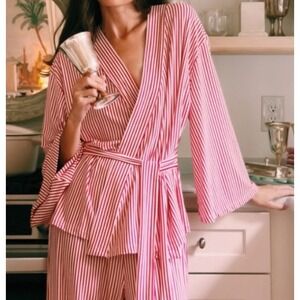 NWOT LAKE Pajamas Kimono Top DreamModal Small Red White Pencil Striped Modal